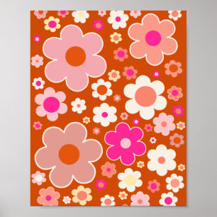 Affiche Motif Fleur Rétro En Orange Peach Rose Floral