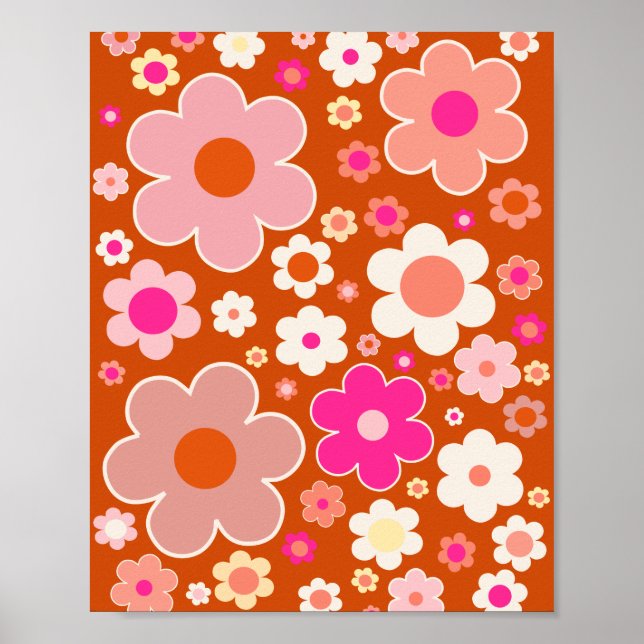 Affiche Motif Fleur Rétro En Orange Peach Rose Floral (Devant)