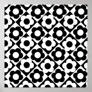 Affiche Motif floral à carreaux diamant noir et blanc