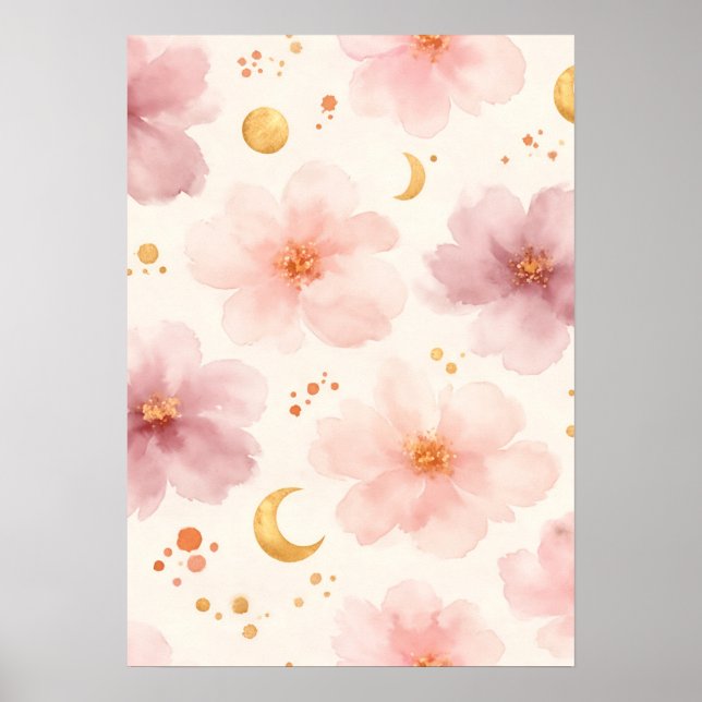 Affiche Motif floral à l'aquarelle rose élégant (Devant)