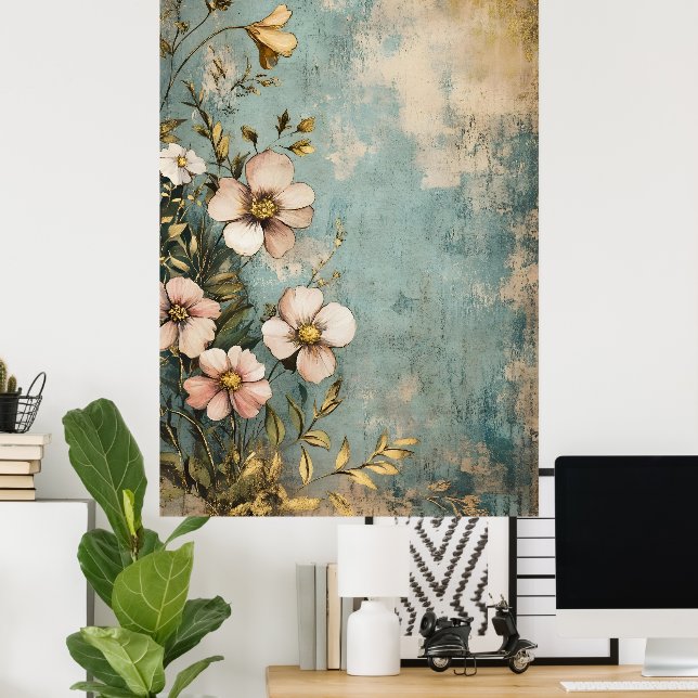 Affiche Motif floral antique avec un aspect texturé ou vie (Bureau à domicile)