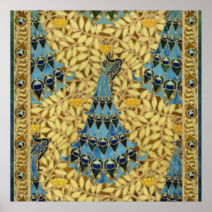 Affiche Motif floral au paon bleu Art nouveau vintage