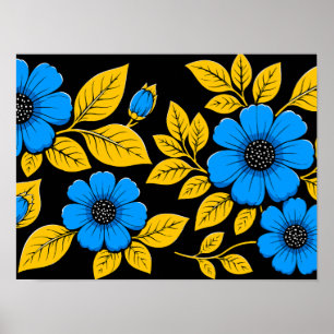 Affiche Motif floral bleu avec feuilles dorées