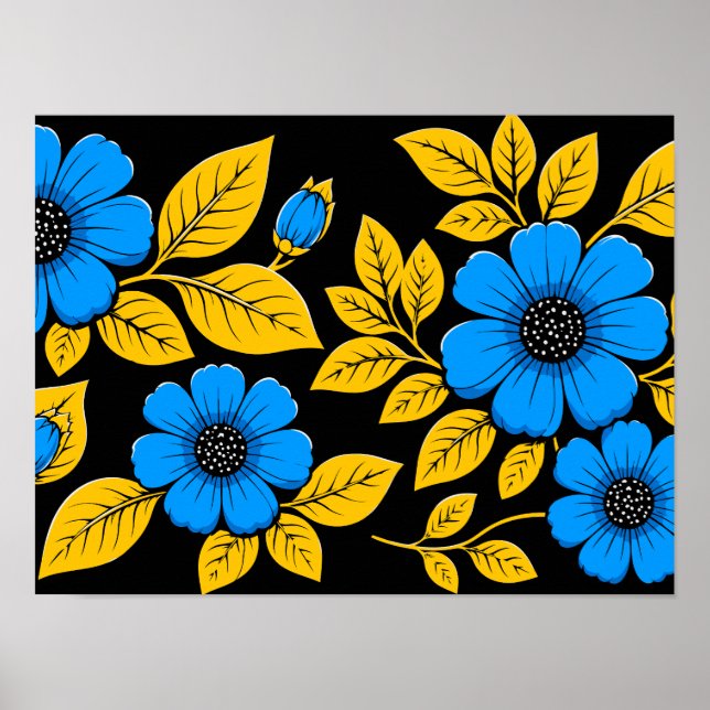 Affiche Motif floral bleu avec feuilles dorées (Devant)