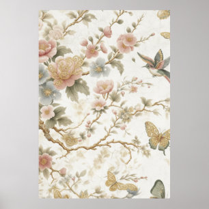 Affiche Motif floral chinois vintage avec colibri