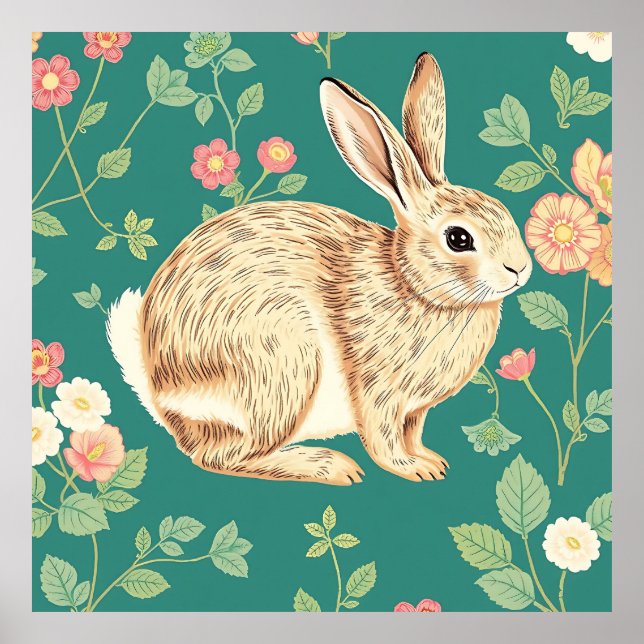 Affiche Motif floral de lapin mignon sarcelle (Devant)