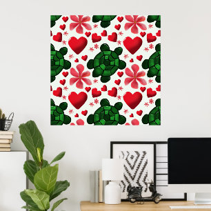 Affiche Motif Floral de Tortue Mignonne   Fleurs Rouges Cœ