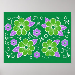 Affiche Motif floral décoratif vert et violet