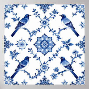 Affiche Motif floral d'oiseaux en chinoiserie bleue