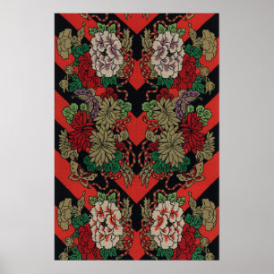 Affiche Motif floral japonais vintage pivoine rouge noir