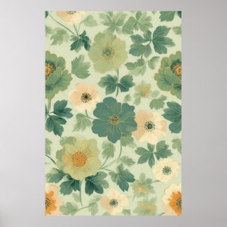 Affiche Motif floral jaune et vert pastel doux