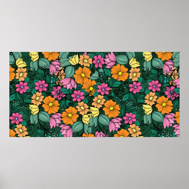 Affiche motif floral lumineux sur fond vert. Vinta (Devant)