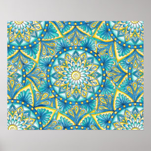 Affiche Motif floral Mandala jaune bleu turquoise