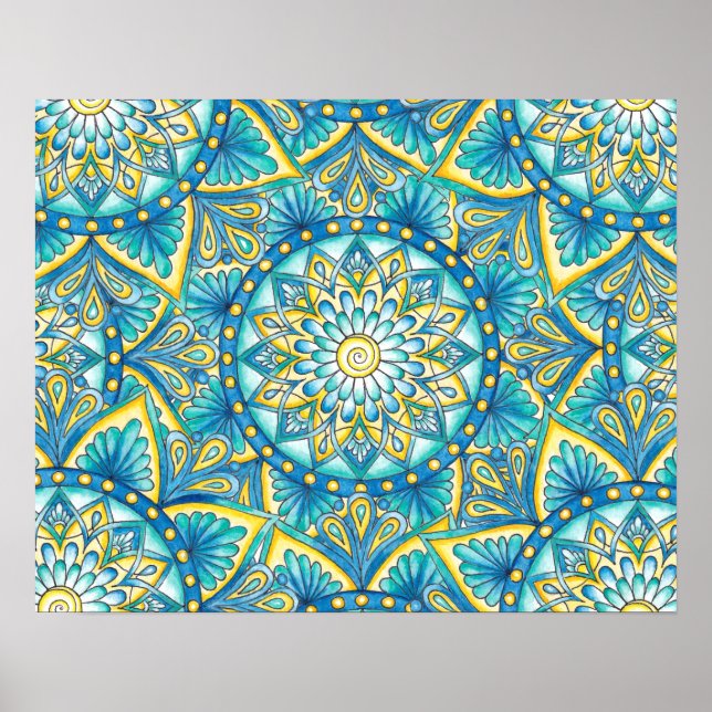 Affiche Motif floral Mandala jaune bleu turquoise (Devant)