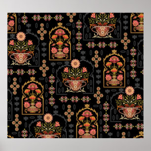 Affiche Motif Floral Mughal : Noir Sans Couleur.