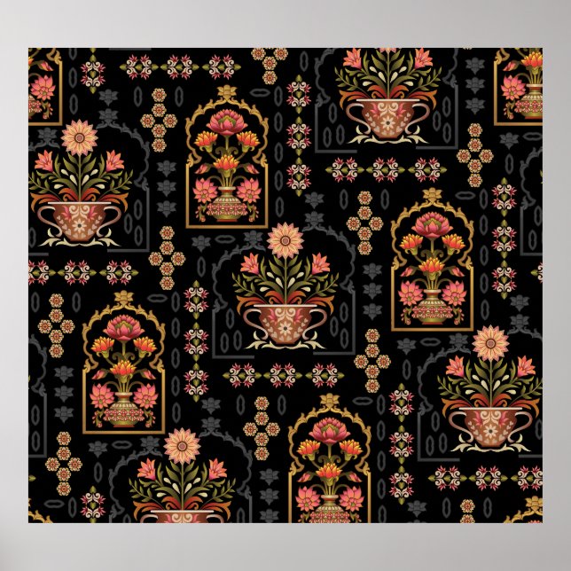 Affiche Motif Floral Mughal : Noir Sans Couleur. (Devant)
