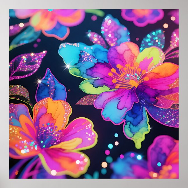 Affiche Motif floral pailleté néon (Devant)
