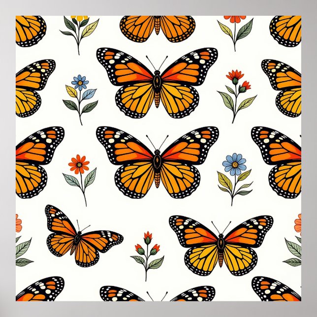Affiche Motif floral papillon monarque (Devant)