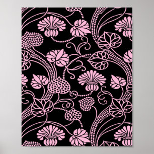 Affiche Motif floral rétro rose sur noir