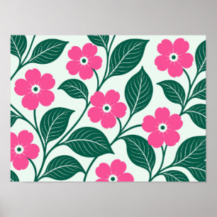 Affiche Motif floral rose élégant avec feuilles vert foncé