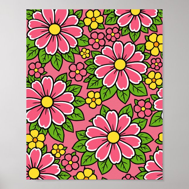 Affiche Motif floral rose et jaune avec feuilles vertes (Devant)