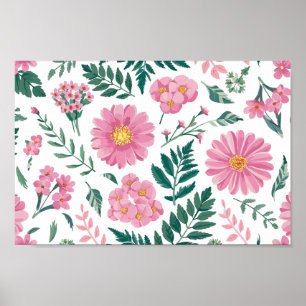 Affiche Motif floral rose vibre avec verdure luxuriante