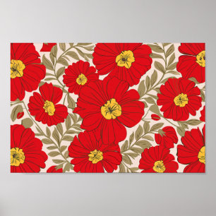 Affiche Motif floral rouge vibre avec Feuilles vert olive