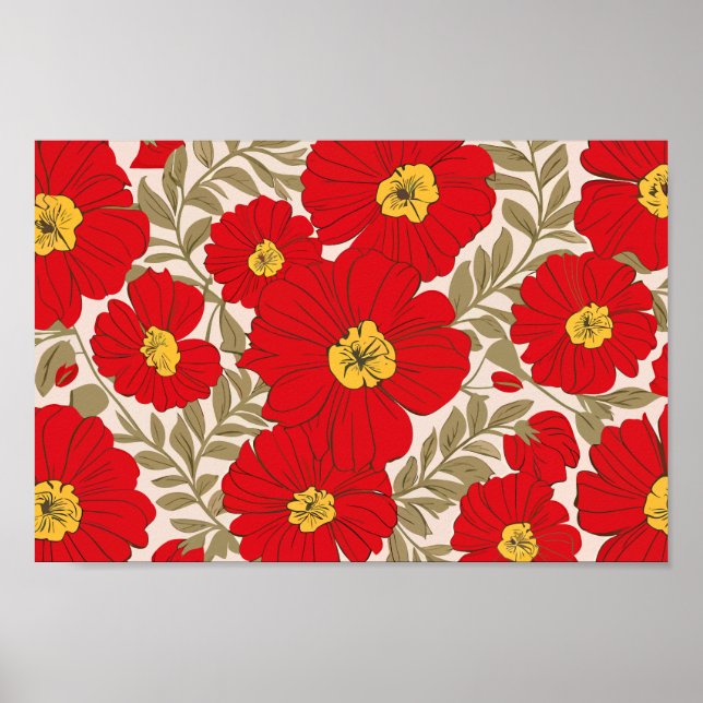 Affiche Motif floral rouge vibre avec Feuilles vert olive (Devant)