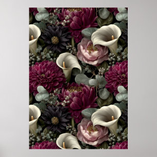 Affiche Motif floral sombre avec dahlias et callas