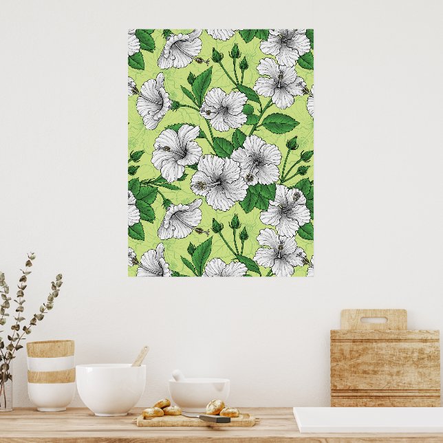 Affiche Motif floral tropical à fleurs d'Hibiscus blanc (Cuisine)
