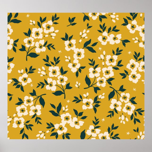Affiche motif floral vintage, petites fleurs blanches. (Devant)