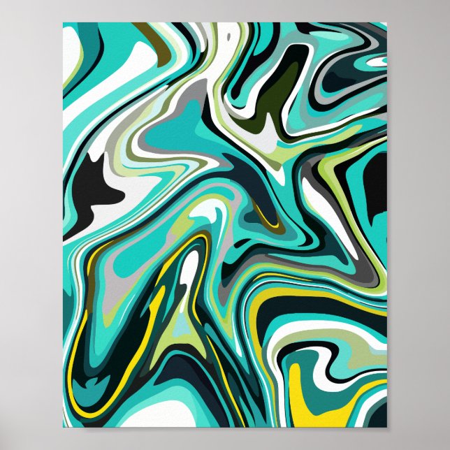 Affiche Motif fluide Abstrait en Turquoise et noir (Devant)