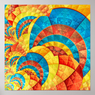 Affiche Motif fractal bleu, jaune et orange