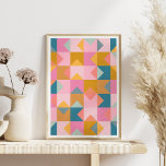 Affiche Motif géométrique mignon en rose Turquoise et jaun<br><div class="desc">Un patchwork géométrique coloré et amusant façonne un motif moderne inspiré de la courtepointe dans une palette de couleurs vives,  turquoise,  rose et jaune.</div>