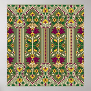 Affiche Motif géométrique Mughal Paisley sur fond vert