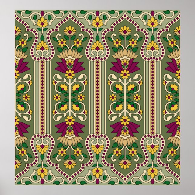 Affiche Motif géométrique Mughal Paisley sur fond vert (Devant)