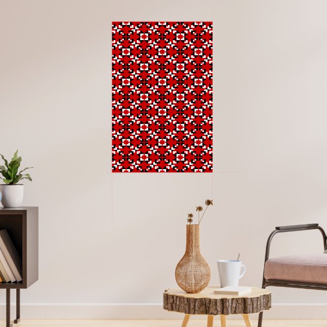 Affiche Motif géométrique pixelisé rouge, noir et blanc (Salon 3)