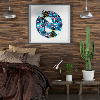 Affiche Motif hexagone de galaxie aquarelle avec deux abei