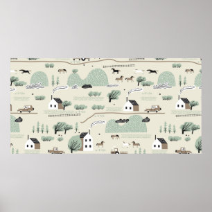 Affiche Motif incolore avec maison, arbres, cheval