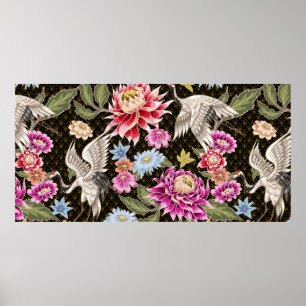Affiche Motif japonais avec fleurs et grues blanches