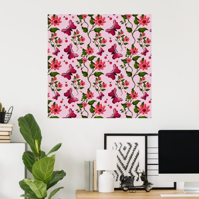 Affiche Motif joli papillon Cerise, Fruit Kawaii brillant (Bureau à domicile)