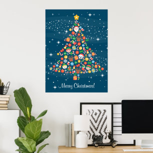Affiche Motif joyeux d'arbre de Noël en bleu