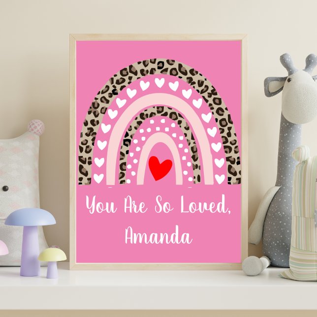 Affiche Motif léopard arc-en-ciel boho Cœurs Mur de la nur (Boho Rainbow Personalized Nursery Wall Art. You Are So Loved)