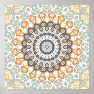 Affiche Motif Mandala Géométrique Orange Chaud et Gris