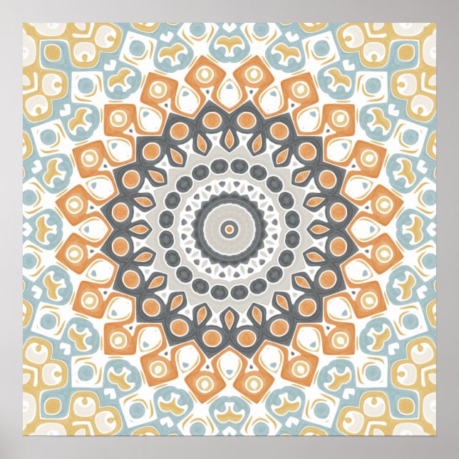 Affiche Motif Mandala Géométrique Orange Chaud et Gris (Devant)