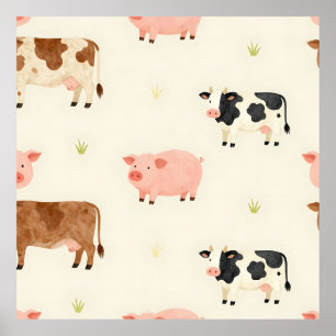 Affiche Motif mignon aquarelle d'animaux de la ferme
