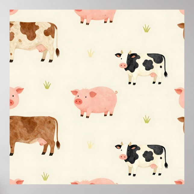 Affiche Motif mignon aquarelle d'animaux de la ferme (Devant)
