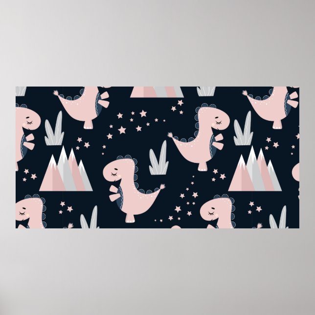 Affiche Motif mignon et transparent avec dinosaures roses  (Devant)