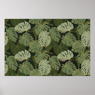 Affiche Motif monstera vert kaki et or sans couture