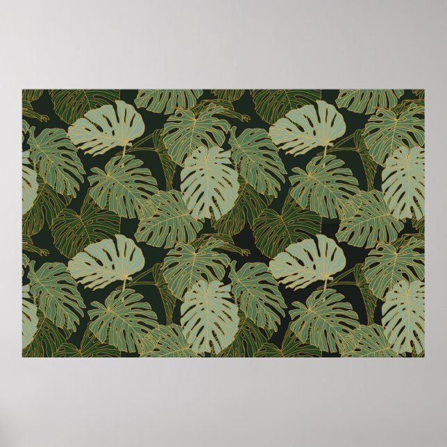 Affiche Motif monstera vert kaki et or sans couture (Devant)